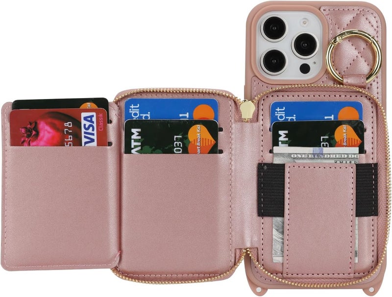 Hamany Crossbody Wallet Case for iPhone 16 Pro Max, PU Leather Zipper Handbag Purse Flip Cover, Kickstand Folio Case with Card Slots Holder Wrist Strap Lanyard 5G 6.9 Inch-Rose Gold - Image 5